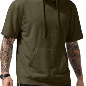 Mens Short Sleeve Hoodie Cotton Hooded T-shirts Lightweight Solid Tops with Pocket