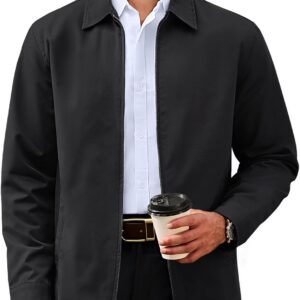 Men's Cotton Jacket Full Zip Up Work Jackets Turndown Collar Business Casual Windbreaker with 3 Pockets