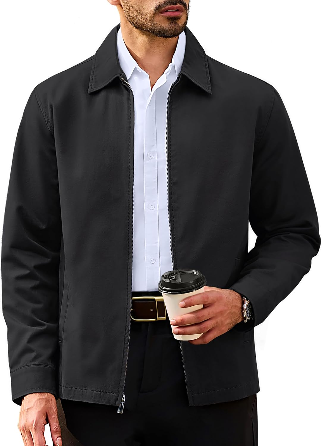 Men's Cotton Jacket Full Zip Up Work Jackets Turndown Collar Business Casual Windbreaker with 3 Pockets
