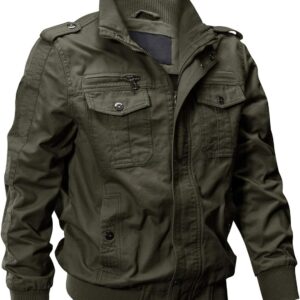 Men's Cotton Lightweight Multi Pockets Zip Front Stand Collar Military Jackets Windbreaker