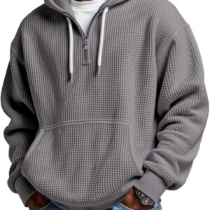 Men's Quarter Zip Hoodie Waffle Knit Pullover Long Sleeve Casual Loose Fit Sweatshirt Hooded Tops with Pockets