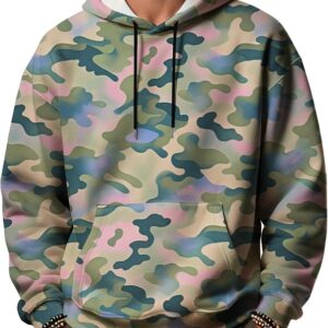 Camo Hoodies for Men Fall Casual Long Sleeve Drawstring Sweatshirts Baggy Workout Pullover Hoodies with Pockets